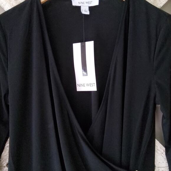 Nine West Women's Faux Wrap Chain Detail Surplice Top in Black - Picture 8 of 10